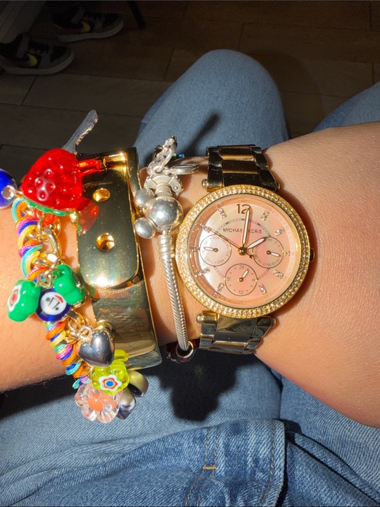 Michael Kors Gold-Tone Bracelet Watch with Pink Dial and Crystal Accents